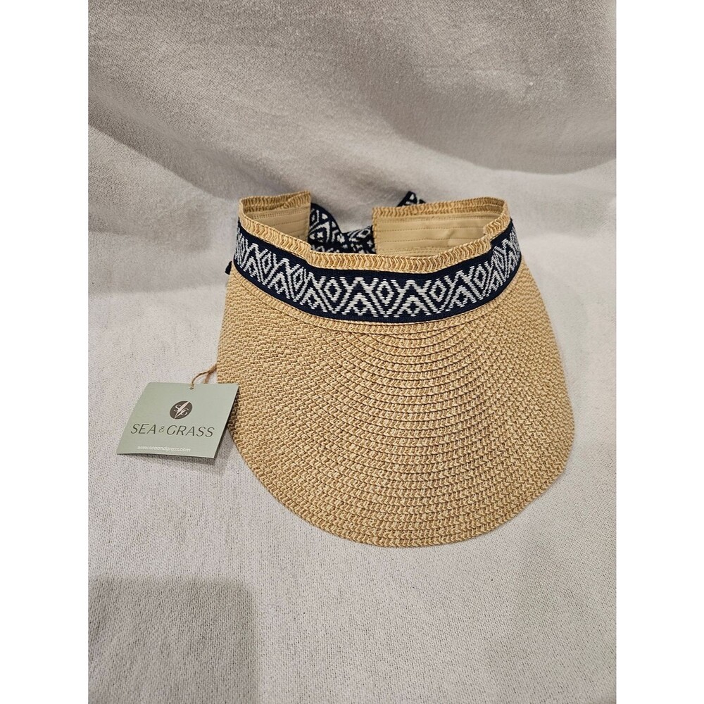 Sea & Grass Women's Tan Straw Visor with Navy Geometric Trim NWT